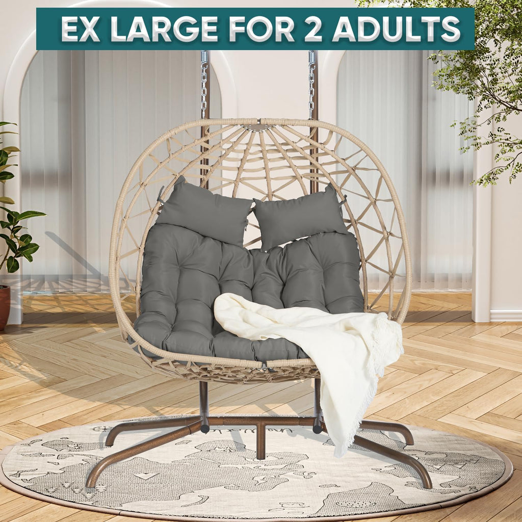 JOYBASE Double Swing Egg Chair with Stand, 2-Person Hanging Egg Chair Wicker Rattan Oversized Swinging Chair for Outdoor Indoor Garden Patio (Dark Grey Cushion and Beige Rattan)