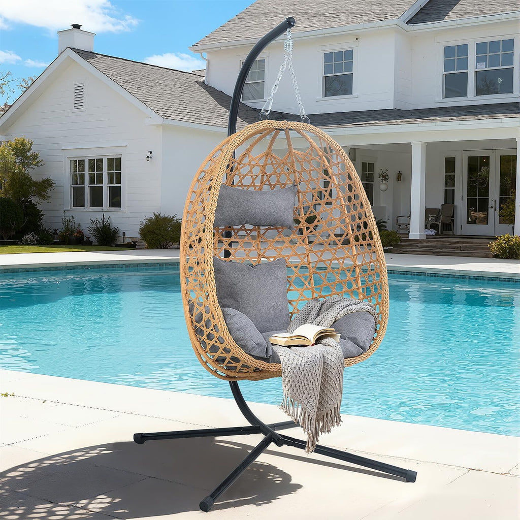 EortheX Hanging Egg Chair with Cushions – Comfortable Rattan Swing Chair with Stand for Patio, Garden, or Balcony – Stylish and Relaxing Outdoor Lounge Chair, 350LBS Capacity Indoor Outdoor (Grey)