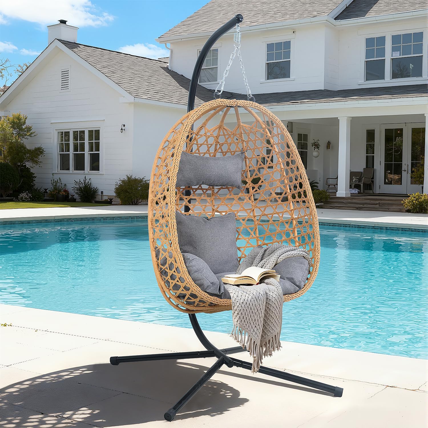 EortheX Hanging Egg Chair with Cushions – Comfortable Rattan Swing Chair with Stand for Patio, Garden, or Balcony – Stylish and Relaxing Outdoor Lounge Chair, 350LBS Capacity Indoor Outdoor (Grey)