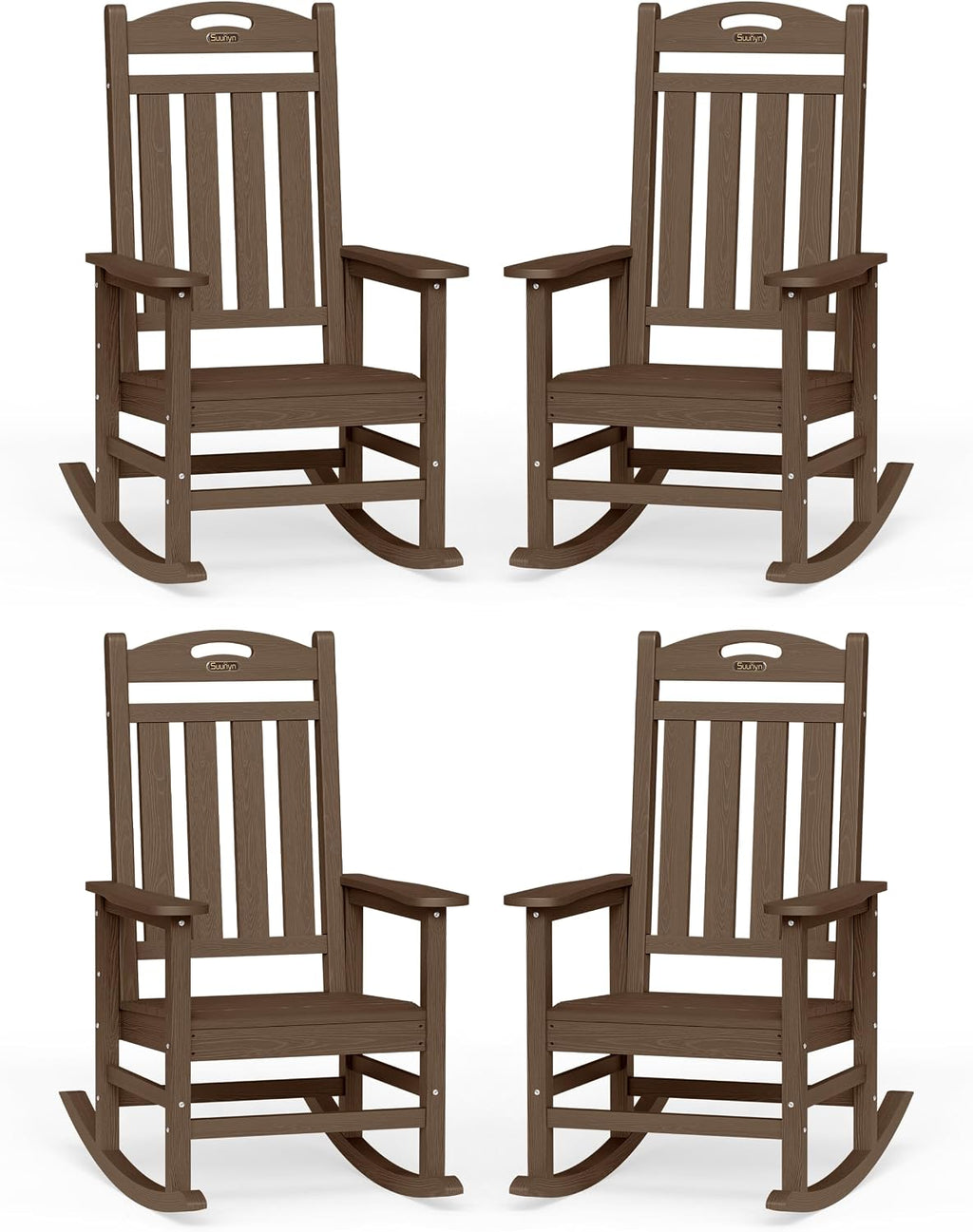 Oversized Outdoor Rocking Chairs Set of 4, High Back Porch Rocker Chair, HDPE All Weather Resistant Rocking Chairs for Patio, 380lbs Weight Capacity, Brown