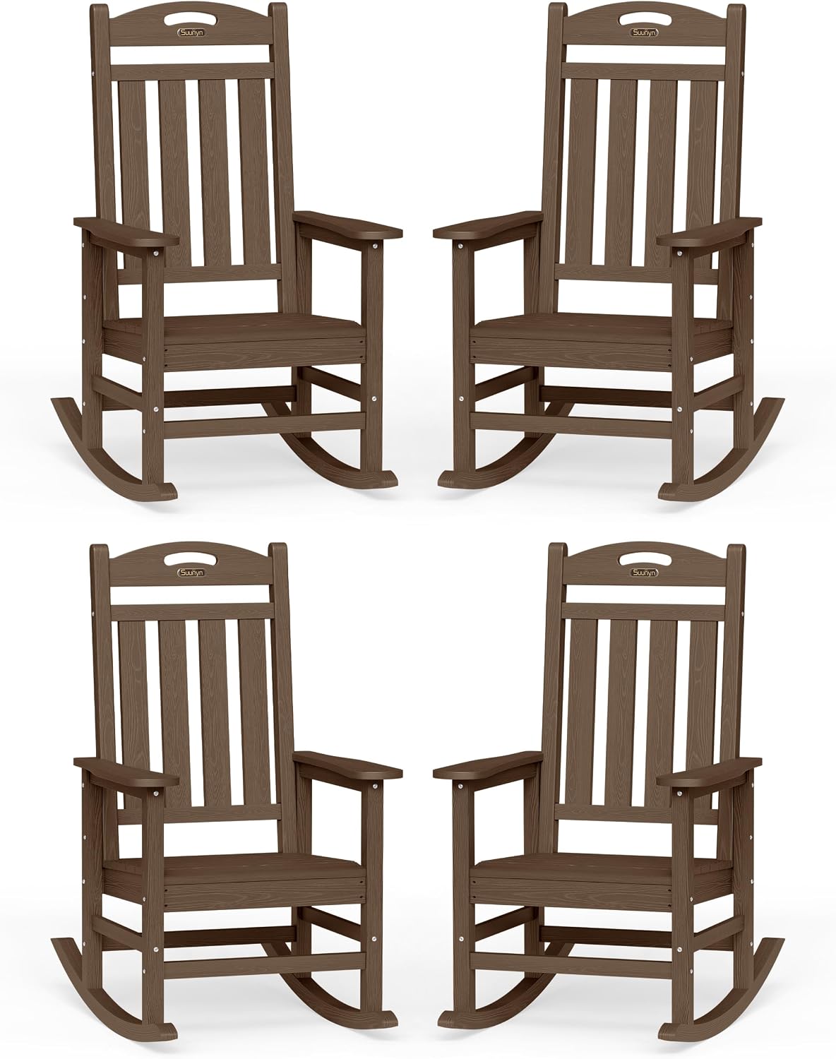 Oversized Outdoor Rocking Chairs Set of 4, High Back Porch Rocker Chair, HDPE All Weather Resistant Rocking Chairs for Patio, 380lbs Weight Capacity, Brown