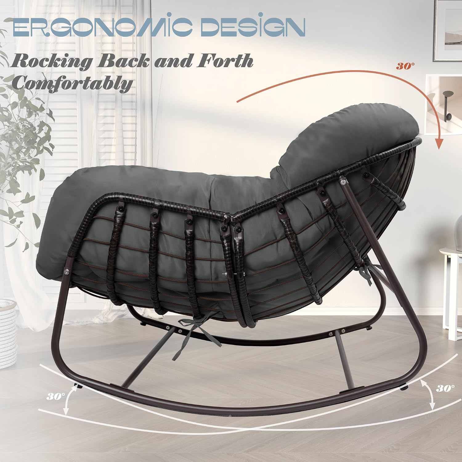Outdoor Papasan Rocking Chair, Oversized Patio Rocking Chairs with Padded Cushion& Pillow-Comfortable Rocker Egg Chair for Front Porch, Garden, Patio, Backyard,1PC,Grey