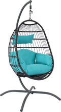 Sunnydaze Penelope Hanging Egg Chair with Turquoise Seat Cushions and Steel Stand - Black Wicker Chair - 78-Inch