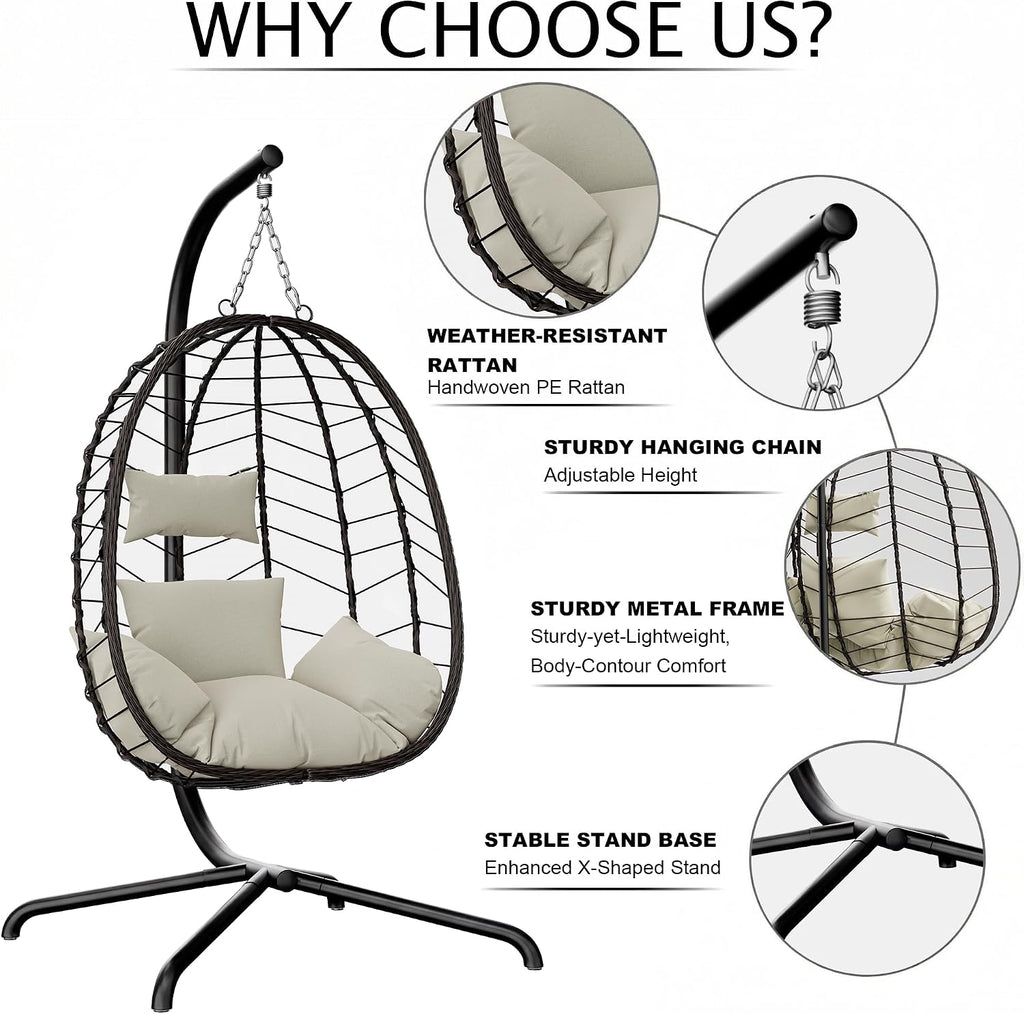 LEX CRAFT Hanging Egg Chair with Stand, Swinging Egg Chair Outdoor Indoor, Hanging Basket Chair with Cushion, Patio Wicker Hammock Chair 350lbs Capacity for Porch, Balcony, Backyard, Garden (Beige1)