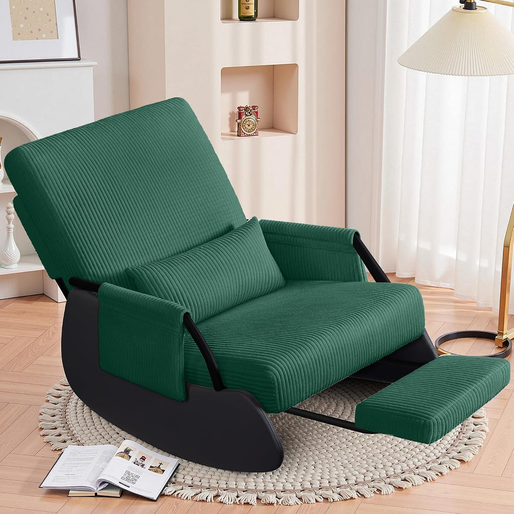FelixKing Rocking Chair Nursery, Low-Seat Glider Chair, Upholstered Rocking Chair with Side Pocket and Foot Rest, Comfortable Modern Accent Armchair Recliner for Mom Nursery Living Room Bedroom Green