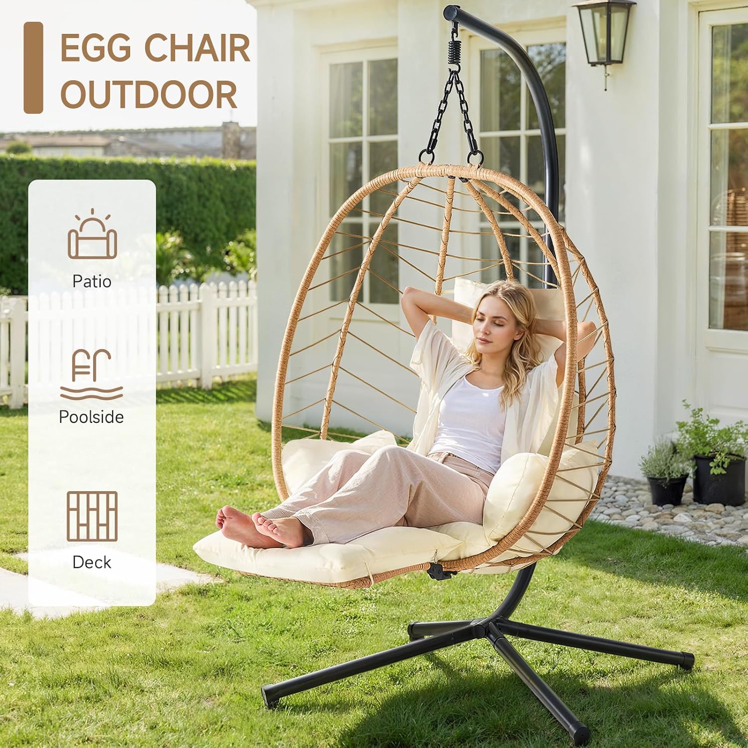 ONBRILL Hanging Egg Chair with Adjustable Footrest & Stand, Wicker Rattan Swing Hammock Chair with Cushion & Double Chains, 350LBS Capacity for Outdoor & Indoor Patio, Deck, Bedroom, Balcony (YE-BE)