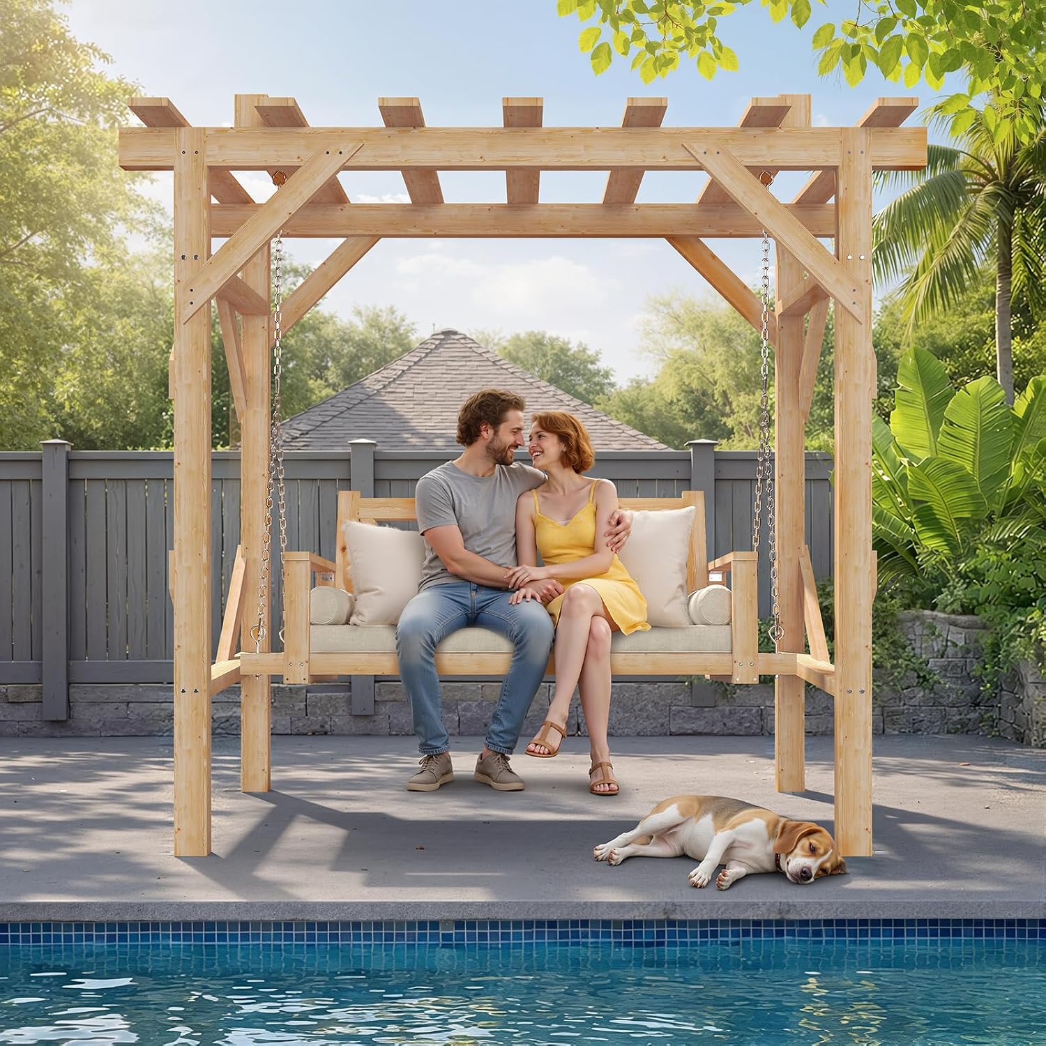 Aoxun Cedar Wood Outdoor Pergola Swing Bench, Porch Swing with Stand, 3-Seat Hammock Patio Swing Set with Canopy，Metal Chains for Backyard, Garden, Natural