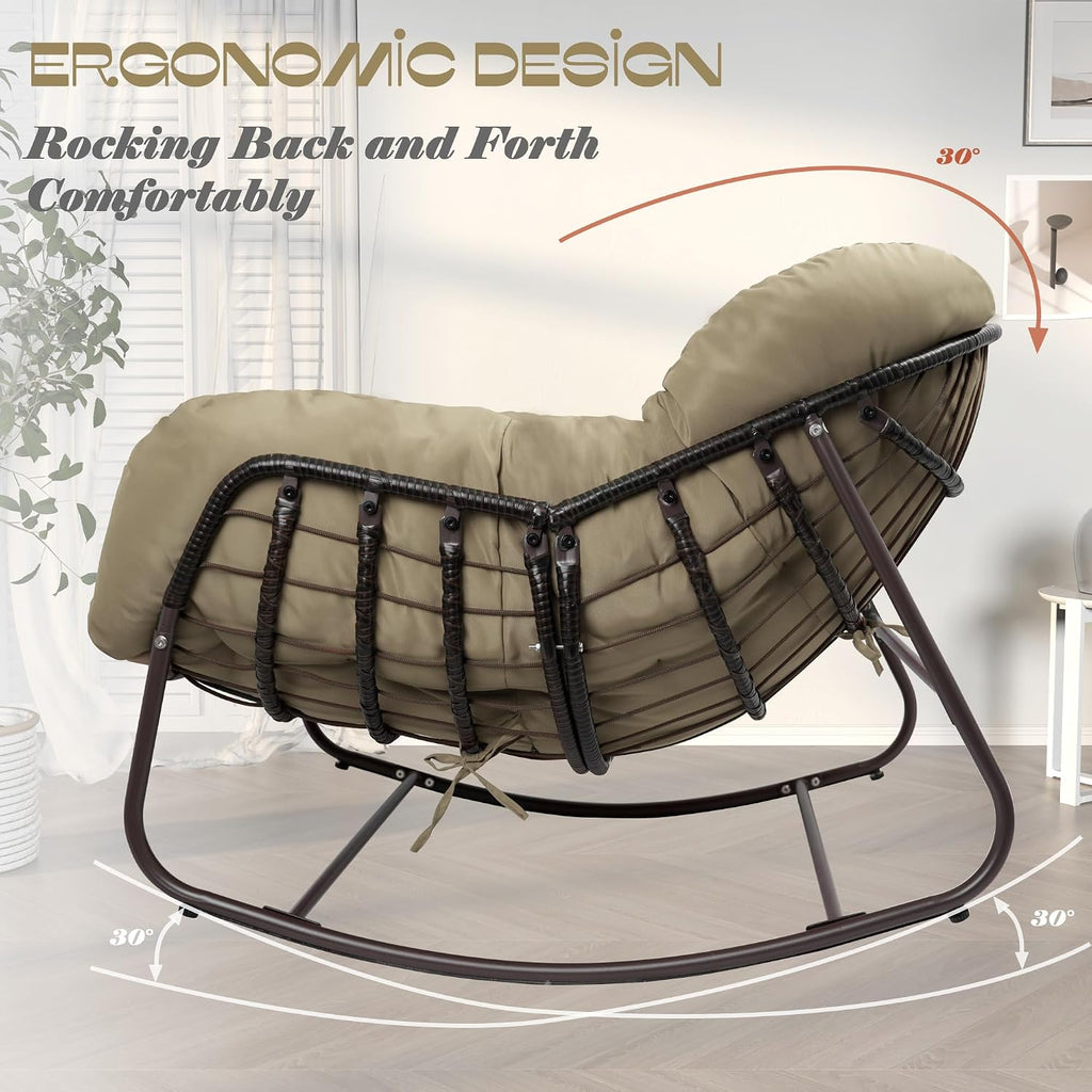 Outdoor Papasan Rocking Chair, Oversized Patio Rocking Chairs with Padded Cushion& Pillow-Comfortable Rocker Egg Chair for Front Porch, Garden, Patio, Backyard,1PC,Khaki