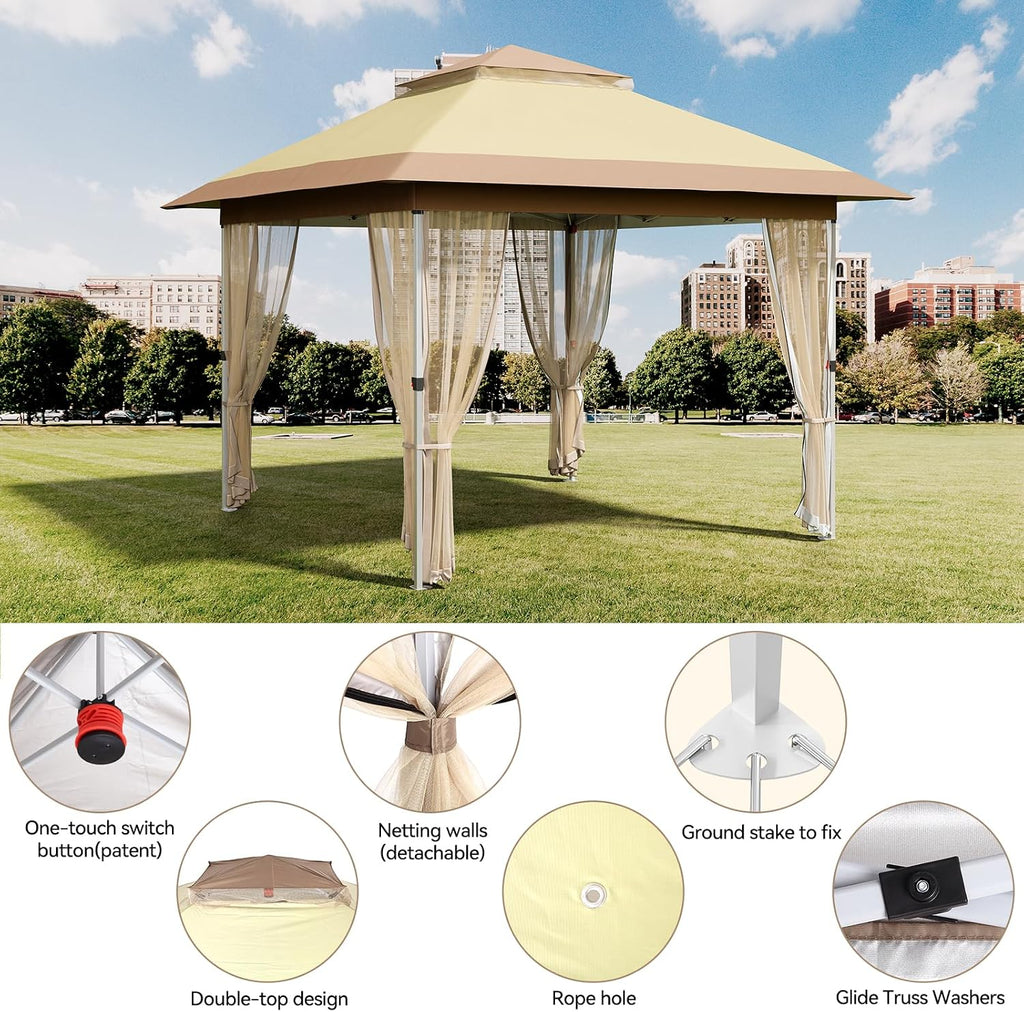 10x10 Pop Up Gazebo Tent with Mosquito Netting & Water,Resistant Oxford Canopy with Roller Bag,Instant Setup Outdoor Shelter for Backyard, Patio, Parties, Weddings, Outdoor Dining，Beige+Khaki