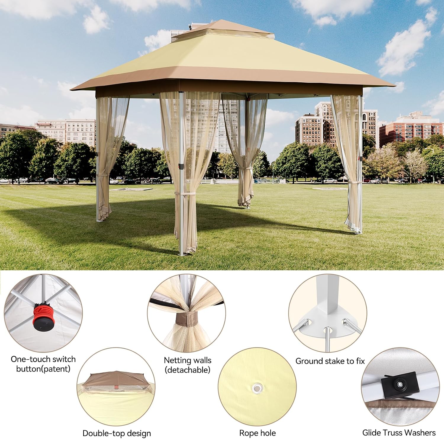 10x10 Pop Up Gazebo Tent with Mosquito Netting & Water,Resistant Oxford Canopy with Roller Bag,Instant Setup Outdoor Shelter for Backyard, Patio, Parties, Weddings, Outdoor Dining，Beige+Khaki