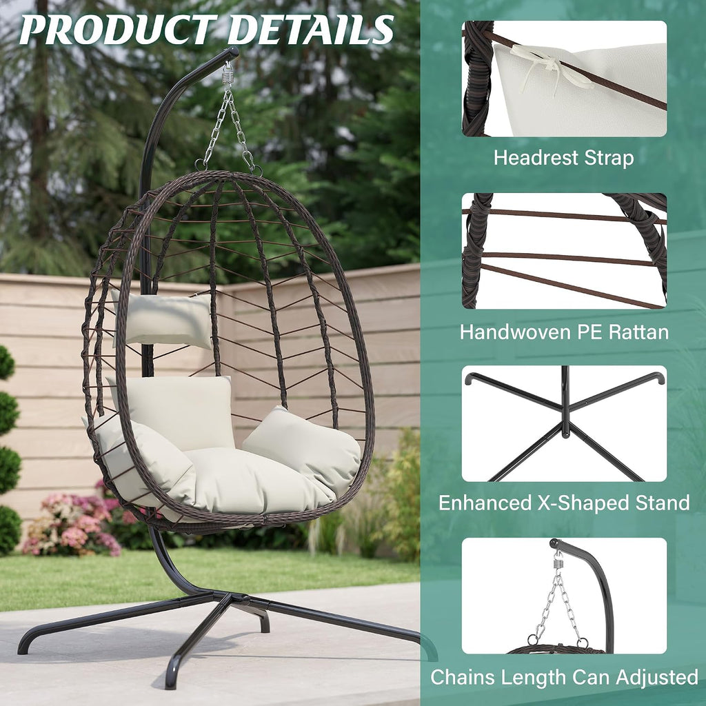Egg Chair with Stand, Patio Wicker Hanging Chair, Hammock Swing Chair, 350LBS Capacity for Bedroom, Balcony(BR-BE)