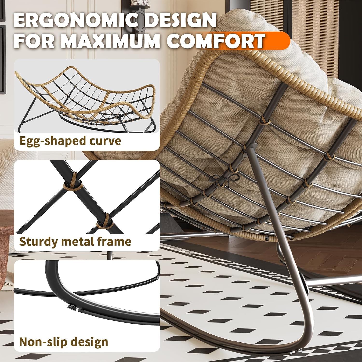 Outdoor Rocking Chair, Indoor Papasan Chair, Oversized Egg Rocking Chair with Thick Cushion, Rattan Wicker Rocker Lounge Chair for Bedroom, Living Room, Patio, Garden, Porch (Beige)