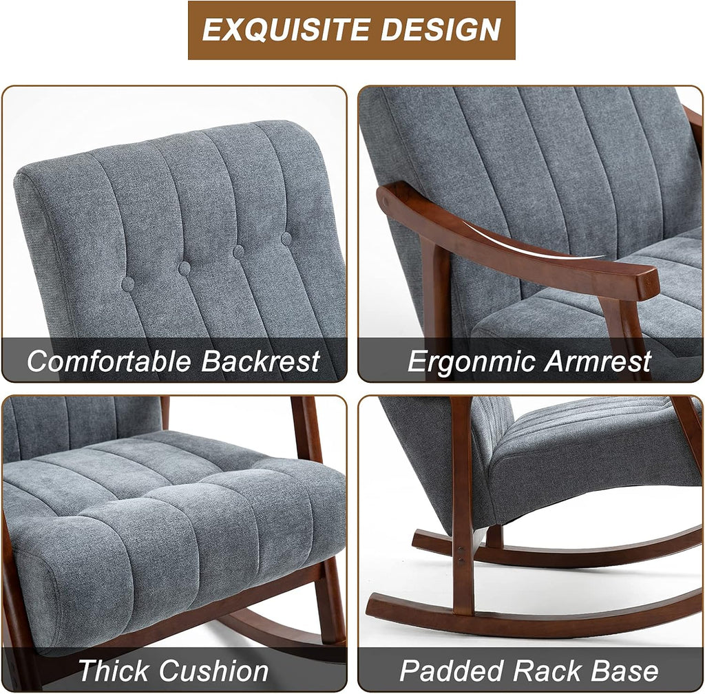 AVAWING Upholstered Rocking Chair with Fabric Padded Seat, Comfortable Rocker Solid Wood for Living Room, Modern High Back Armchair for Adult, Dark Grey