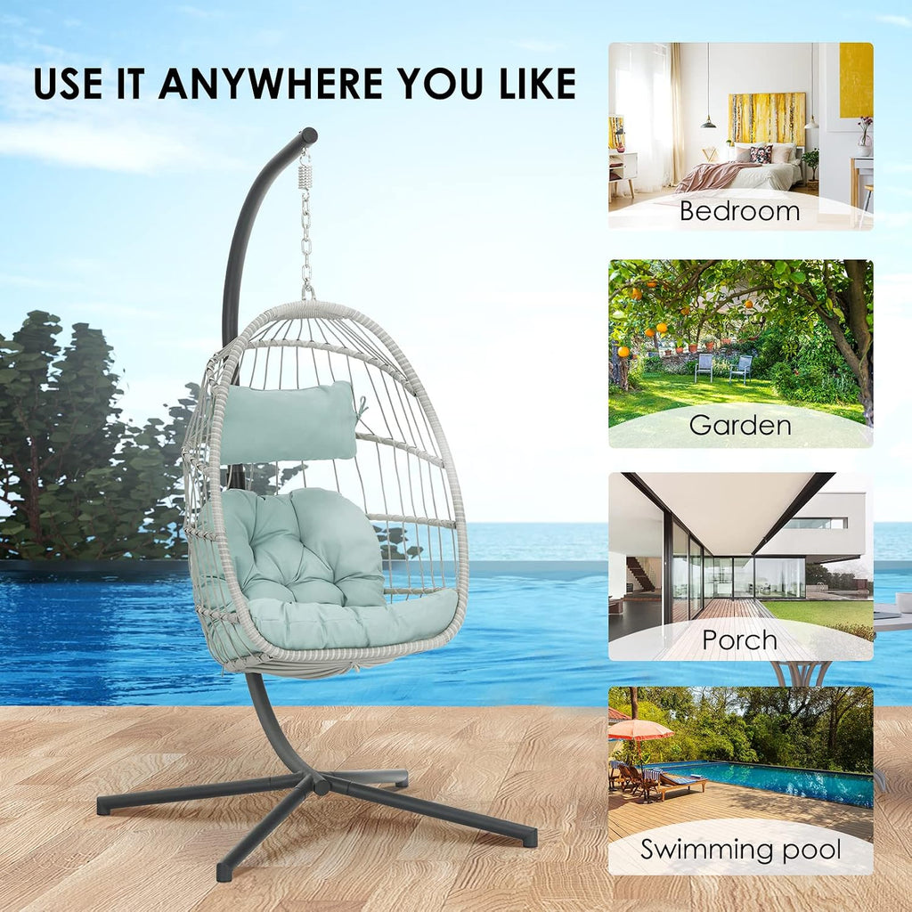 Egg Hanging Chair with Stand Hammock Egg Chair Indoor Outdoor, Wicker Rattan Hanging Swing Chair Basket Egg Chair Aluminum Steel Frame and UV Resistant Cushion for Bedroom Garden Backyard Light Blue