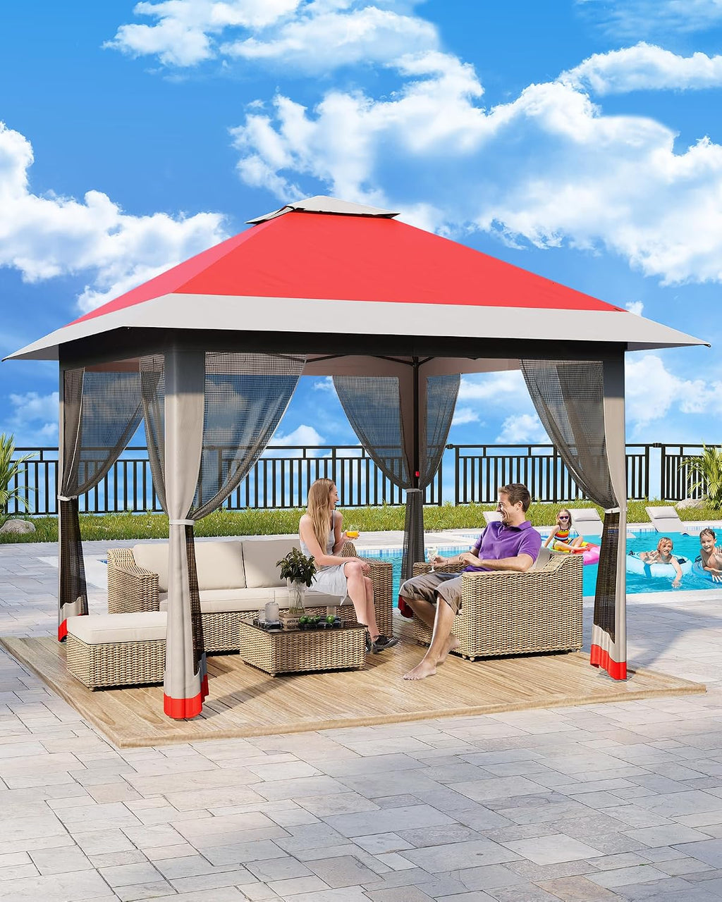 13'x13' Pop Up Gazebo, Outdoor Canopy Tent with Mosquito Netting, Pop Up Canopy with Double Roof Design & Adjustable Height, UV-Resistant Patio Gazebo Sunshade for Graden/Backyard/Lawn/Beach (Red)