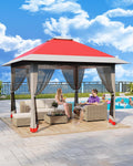 13x13 Pop Up Gazebo, Outdoor Canopy Tent with Mosquito Netting, [Adjustable Height & Spacious] Pop Up Tent with Double Roof, UV-Resistant Outdoor Gazebo for Backyard, Patio, Lawn, Garden, Deck(Red)