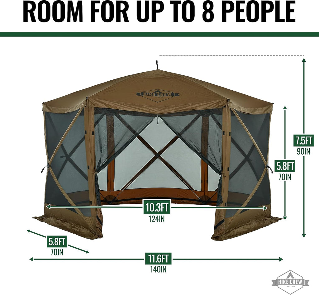 Hike Crew 12' x 12' Pop-Up Gazebo Screen Tent | Screened 6-Sided Instant Outdoor Canopy Shelter with Stakes, Ropes & Carry Bag for Camping, Sports & Picnic Table | UV Resistant SPF 50+