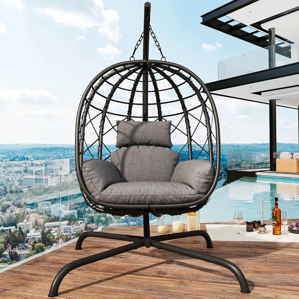Hanging Egg Chair with Stand Patio Wicker Rattan Swing Chair Hammock Egg Chair for Indoor & Outdoor 400lbs Capacity with Thickened Cushion for Bedroom Balcony Garden