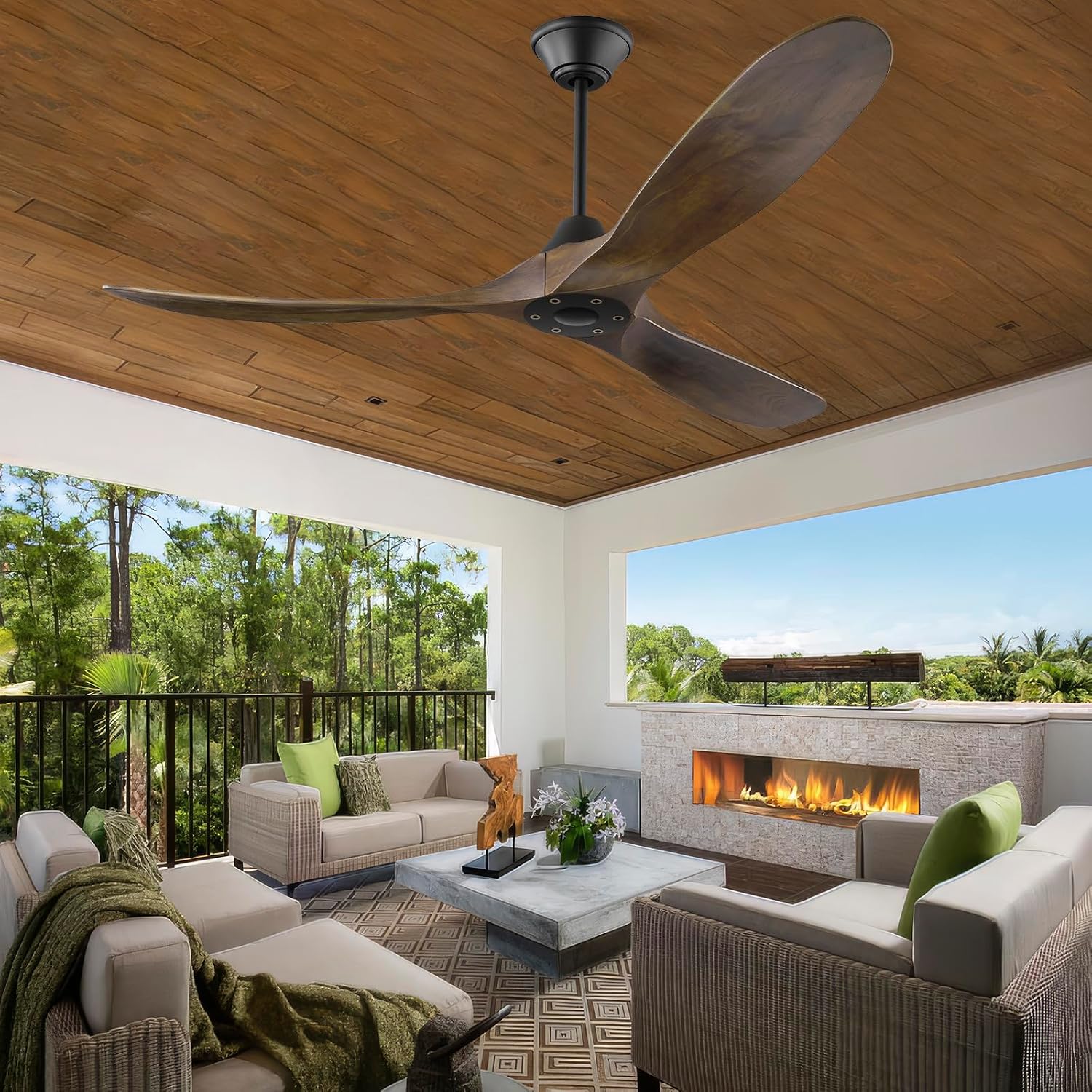 60 inch DC Ceiling Fan No Light Outdoor Ceiling Fan for Patios Damp Rated, ETL Listed 3 Blade Large Airflow Indoor Commercial Smart Ceiling Fans for Exterior Porch Gazebo with Alexa/Remote/APP Control