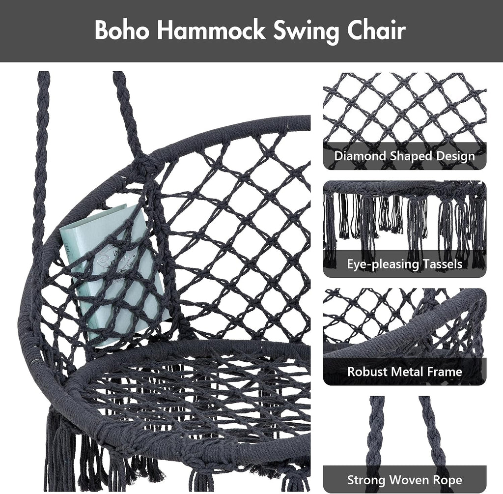 ANOW Hammock Swing with Stand Included, Outdoor Hanging Swing Chair with Stand and Removable Seat Cushion, Max 400 Lbs, Dark Grey