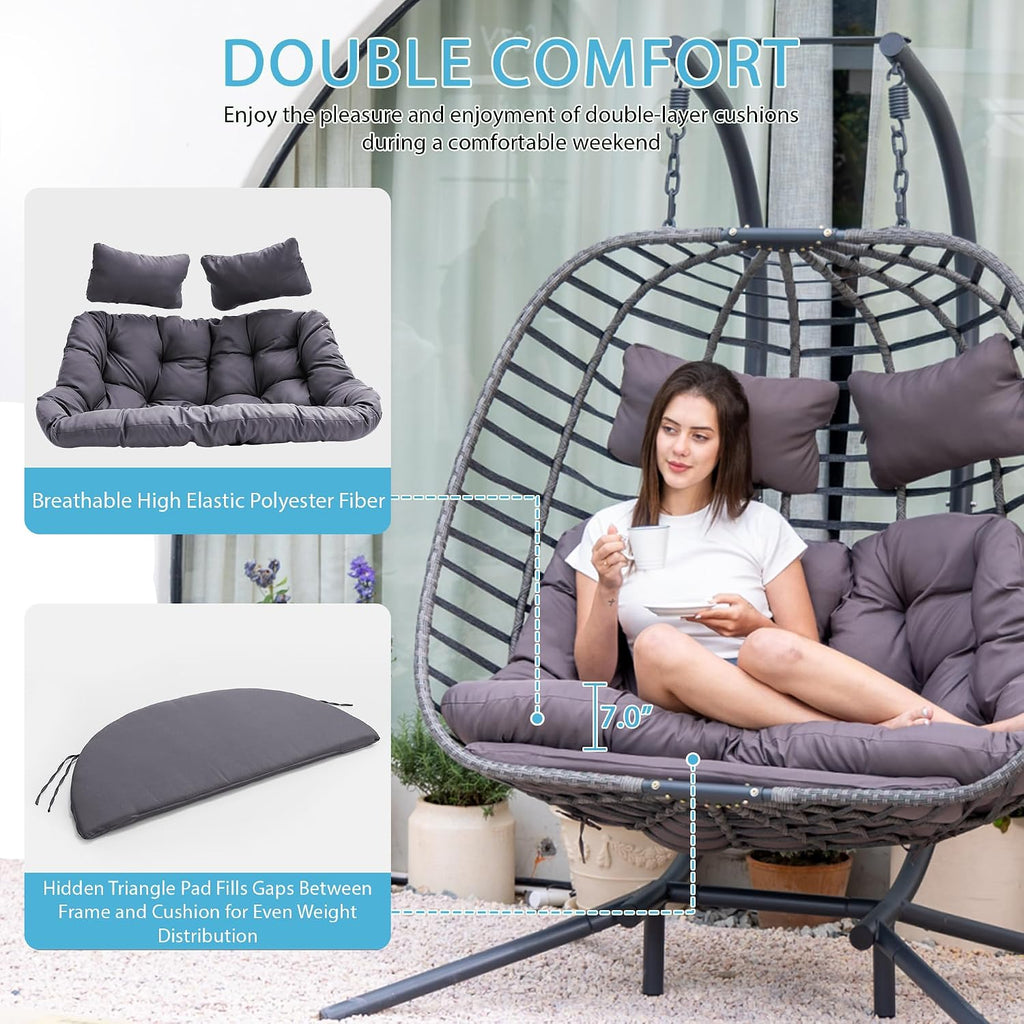 Brafab Double Egg Chair Swing with Stand, Oversized Hand-Woven Wicker Rattan 2-Person Egg Chairs for Outdoor Indoor, Hanging Egg Chair with Thick Double Cushion and Sturdy Steel Stand, Charcoal