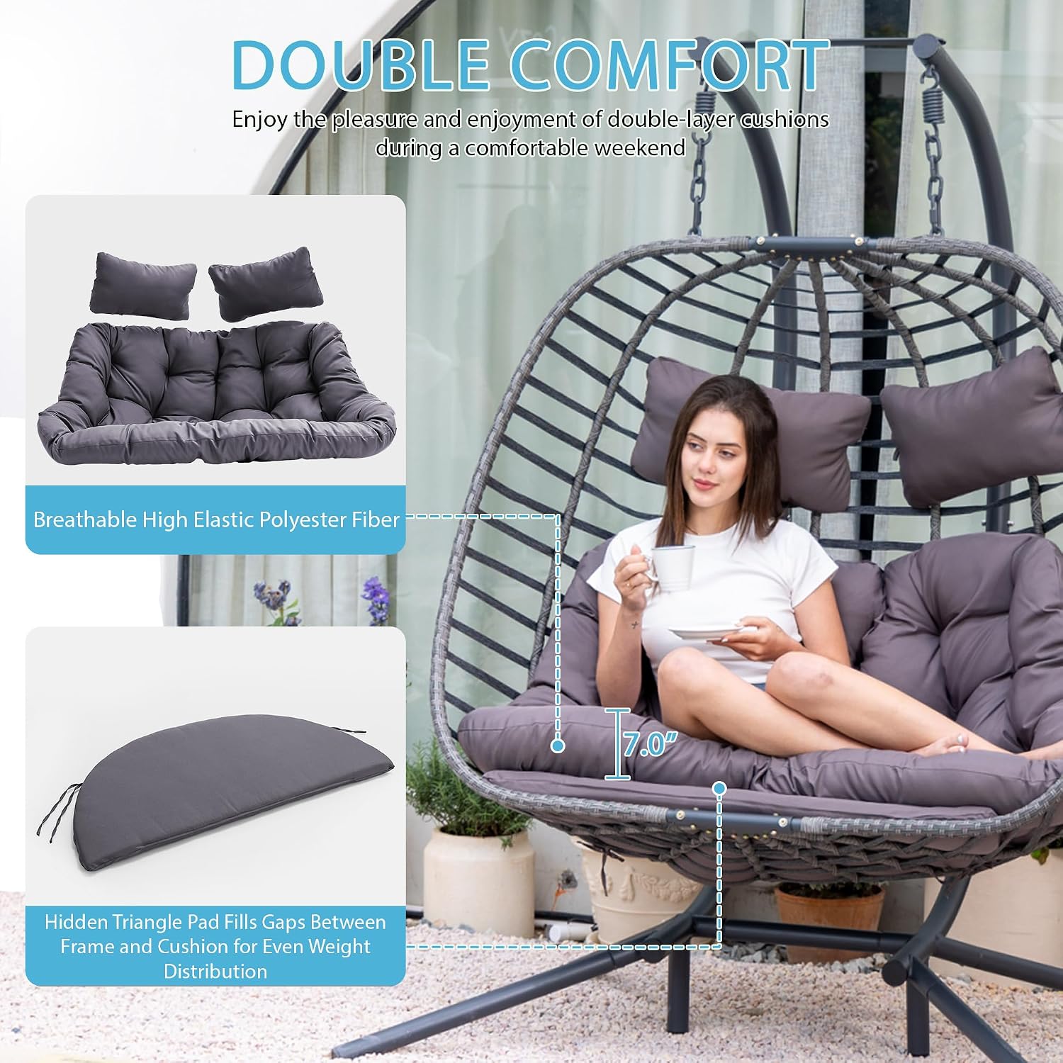 Brafab Double Egg Chair Swing with Stand, Oversized Hand-Woven Wicker Rattan 2-Person Egg Chairs for Outdoor Indoor, Hanging Egg Chair with Thick Double Cushion and Sturdy Steel Stand, Charcoal