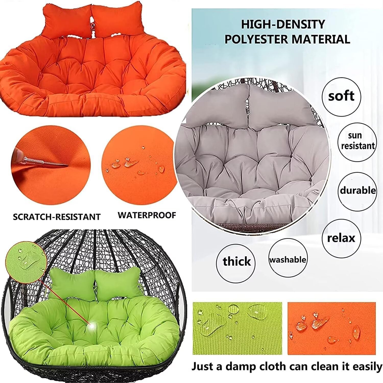 Water Proof Hanging Egg Chair Cushions Replacement, Cushion Only, Double Swing Chair Cushion,Waterproof Thicken Hanging Basket Seat Cushion, 2 Seater Chairs Cushions for Outdoor