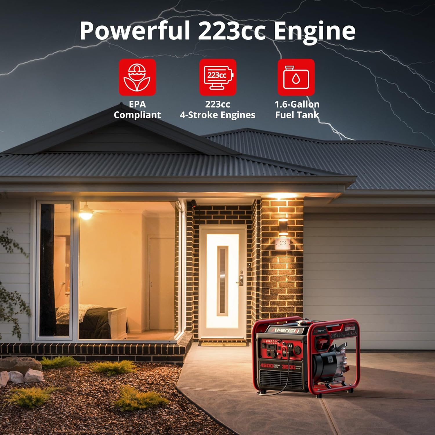 AMERISUN Gas Powered Generator 4500-Watt, Portable Inverter Generator with CO-Sensor, Parallel Capable Long Run Time for Camping Tailgating Home Emergency Use, EPA Compliant