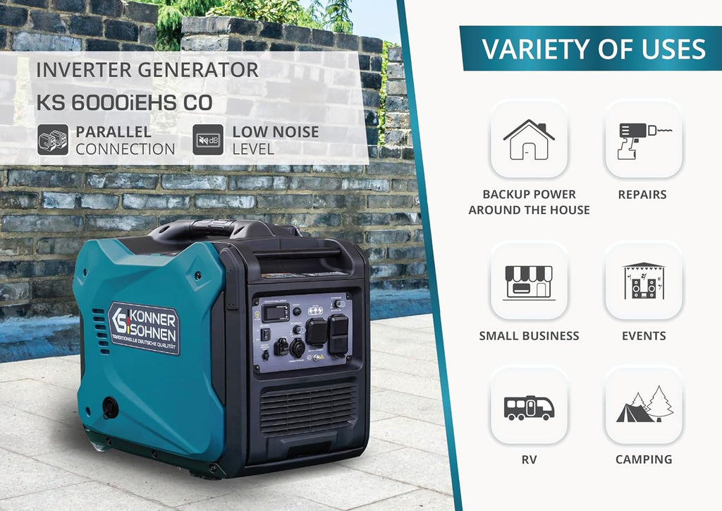 Konner&Sohnen Dual Fuel Inverter Generator - 6000W, 120/240V, Portable and Lightweight, Super Quiet with CO Sensor and Fuel-Efficient Technology, Gas & LPG Powered (German brand,model:KS 6000iEHS CO)