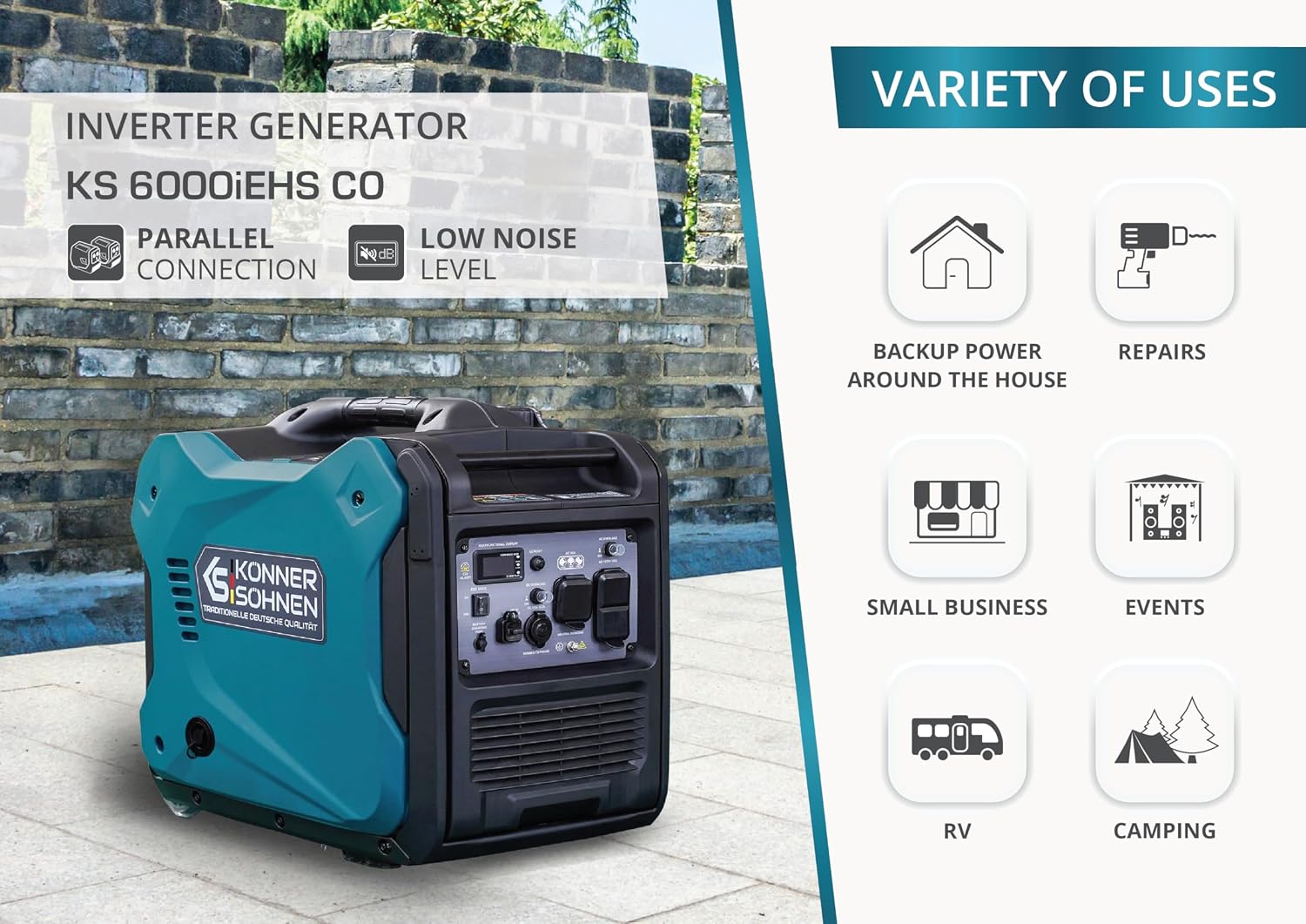 Konner&Sohnen Dual Fuel Inverter Generator - 6000W, 120/240V, Portable and Lightweight, Super Quiet with CO Sensor and Fuel-Efficient Technology, Gas & LPG Powered (German brand,model:KS 6000iEHS CO)