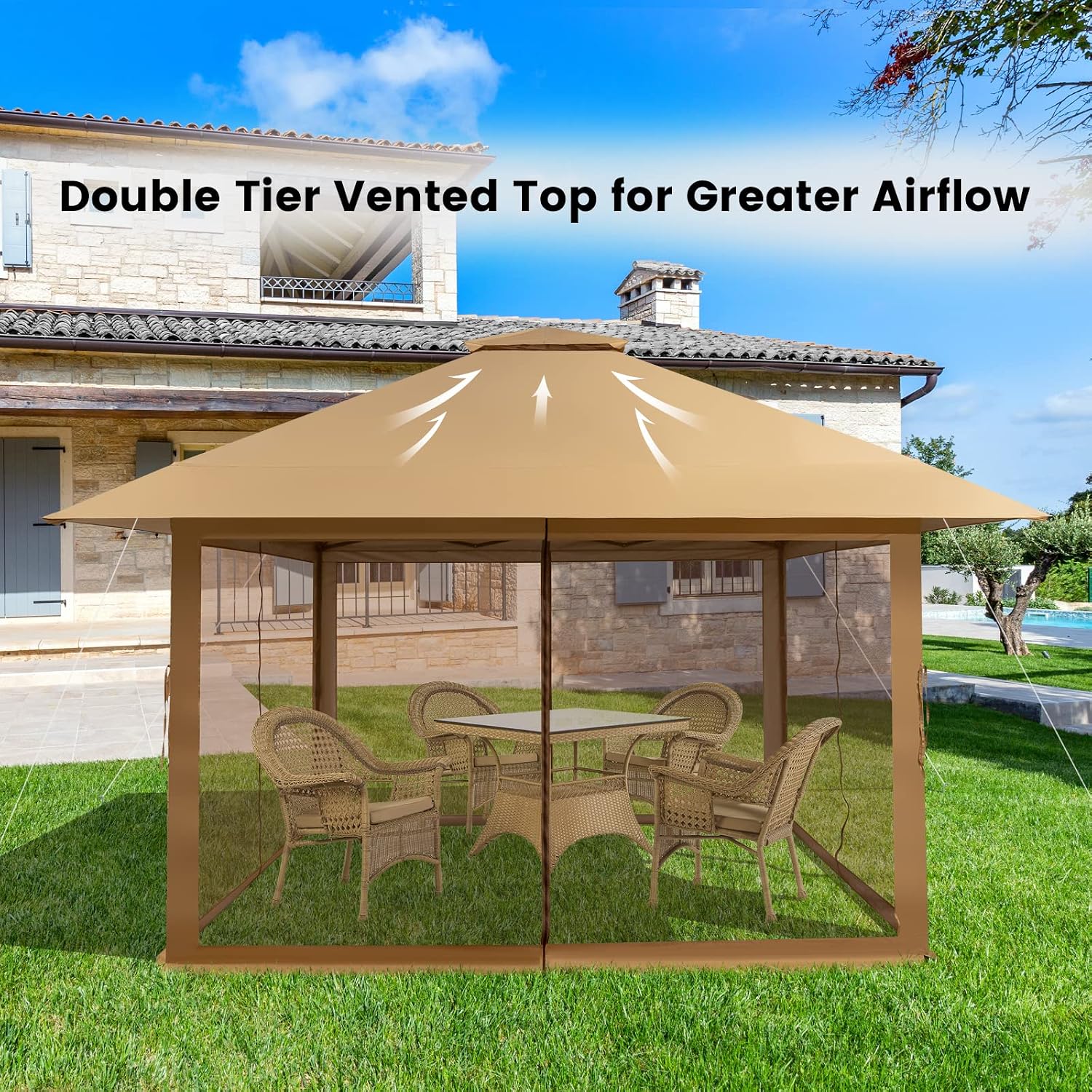 Tangkula 13x13 Ft Pop Up Gazebo with Netting, 2 Tier Patio Gazebo with Center Lock, Mesh Sidewalls, 4 More Ribs, Wheeled Bag, Easy Setup Instant Outdoor Shelter for Garden, Deck, Backyard, UPF50+