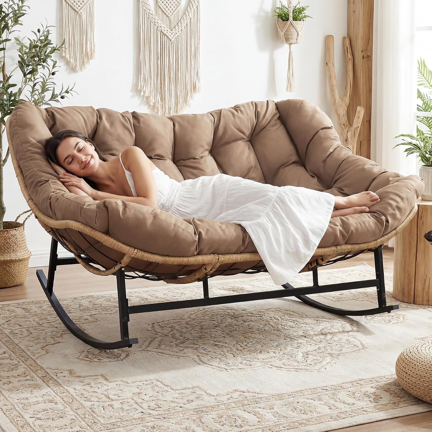 BULEXYARD Double Papasan Rocking Chair Indoor Outdoor, 2 Person Wicker Rocking Egg Chair with Cushions for Relaxing/Napping, Heavy Duty Cozy Patio Lounge Loveseat for Balcony, Porch, Brown