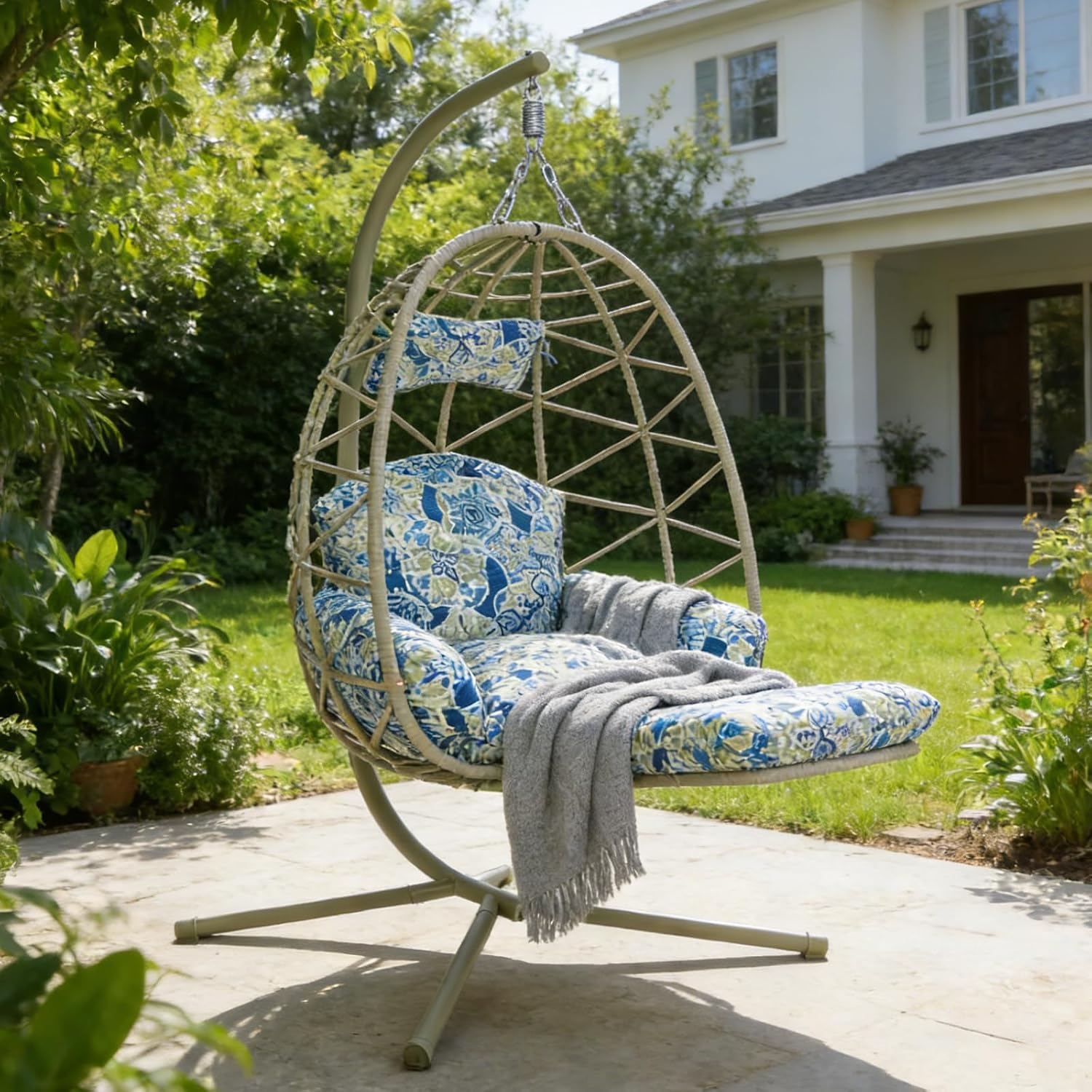 Hanging Egg Chair with Stand & Leg Rest,Rattan Wicker Swing Chair with Cushion,Patio Basket Hanging Chair Wicker Hammock Chair for Indoor Outdoor Bedroom Garden,300LBS (Coffee Rattan&Floral Cushion)