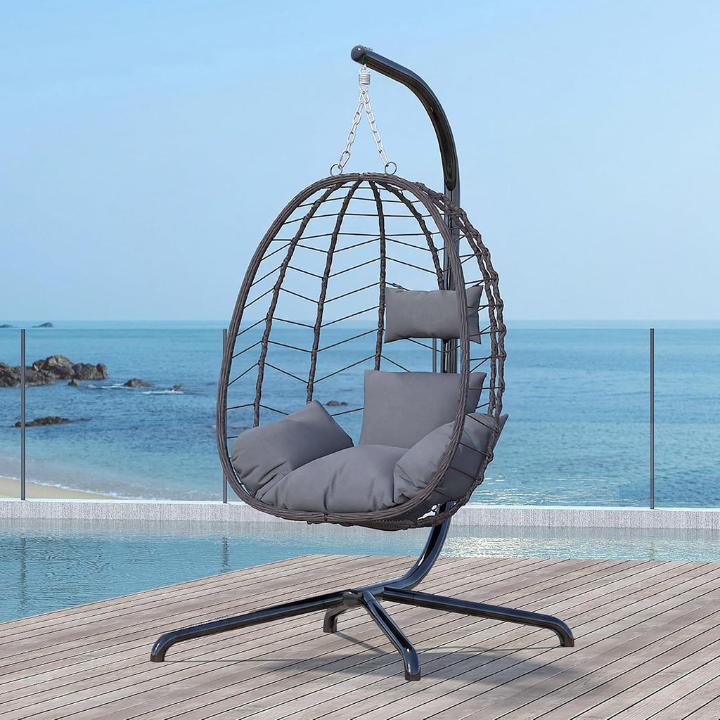 LEX CRAFT Hanging Egg Chair with Stand, Swinging Egg Chair Outdoor Indoor, Hanging Basket Chair with Cushion, Patio Wicker Hammock Chair 350lbs Capacity for Porch, Balcony, Backyard, Garden (Grey)