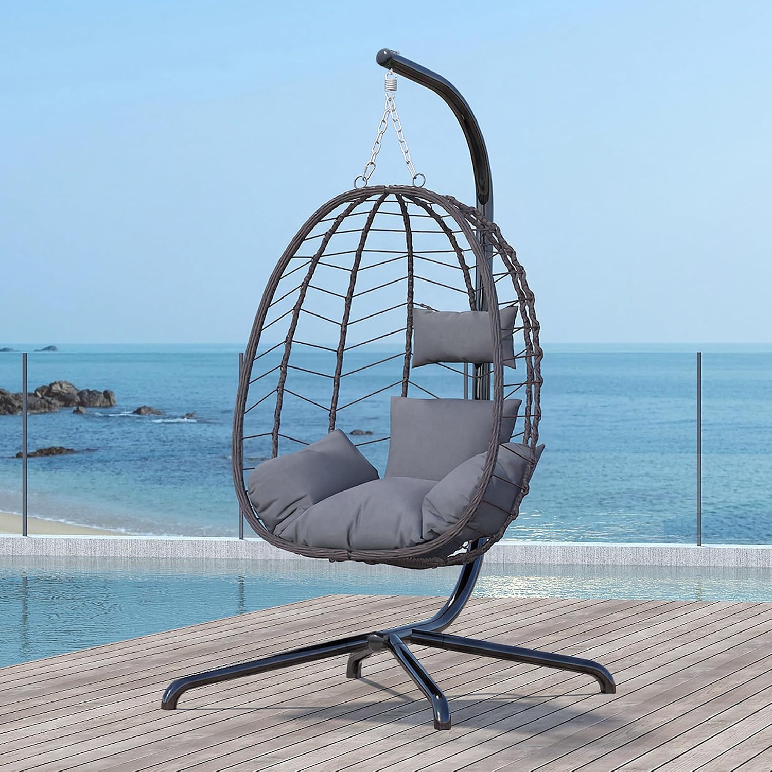 LEX CRAFT Hanging Egg Chair with Stand, Swinging Egg Chair Outdoor Indoor, Hanging Basket Chair with Cushion, Patio Wicker Hammock Chair 350lbs Capacity for Porch, Balcony, Backyard, Garden (Grey)