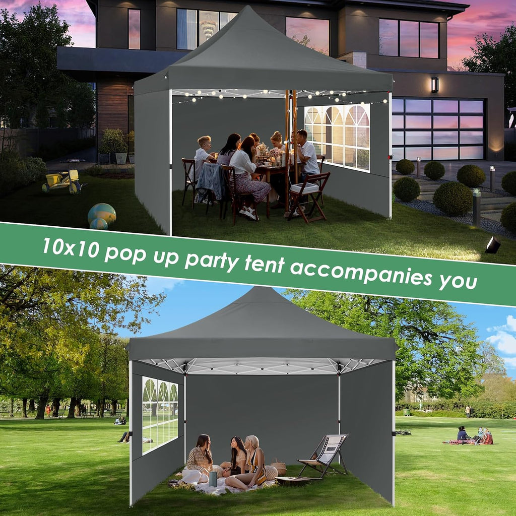 COBIZI Canopy 10x10 Pop Up Canopy Tent with 3 Sidewalls, Commercial Party Tent Ez Waterproof Outdoor Instant Gazebo UV 50+ Event Shelter, Garden Tents for Parties Camping with Sandbags, Grey