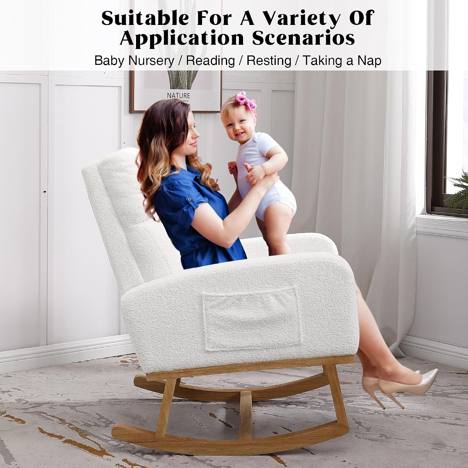 Rocking Chair Nursery,Teddy Rocker Nursing Chairs with Wood Legs & Side Pocket, Comfortable Glider Roking Chair for Nursery, Living Room, Bedroom, Sherpa White