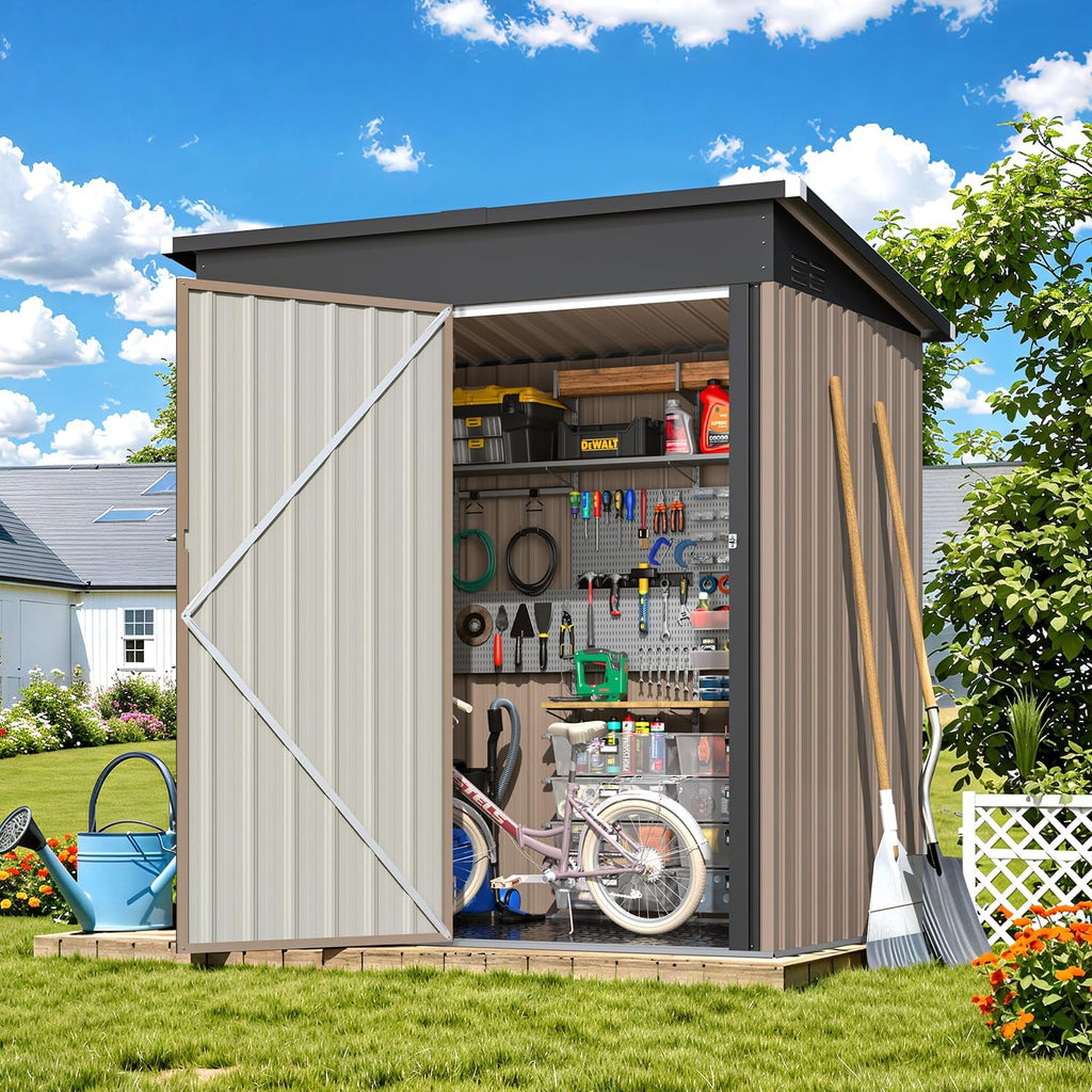 AECOJOY 5'x3' Outdoor Storage Shed with Floor Base, Small Metal Garden Sheds & Outdoor Storage Clearance with Waterproof Floor Included, 3x5 Tiny Utility and Tool Sheds for Backyard, Patio and Outside