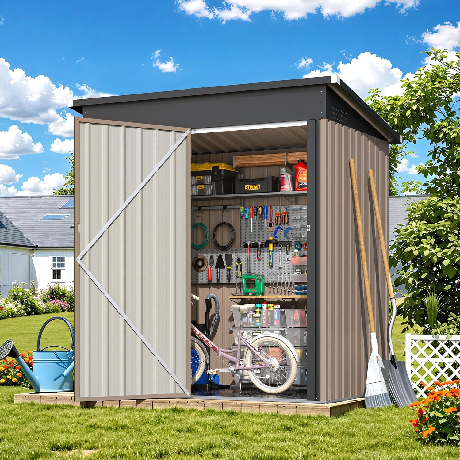 AECOJOY 5'x3' Outdoor Storage Shed with Floor Base, Small Metal Garden Sheds & Outdoor Storage Clearance with Waterproof Floor Included, 3x5 Tiny Utility and Tool Sheds for Backyard, Patio and Outside