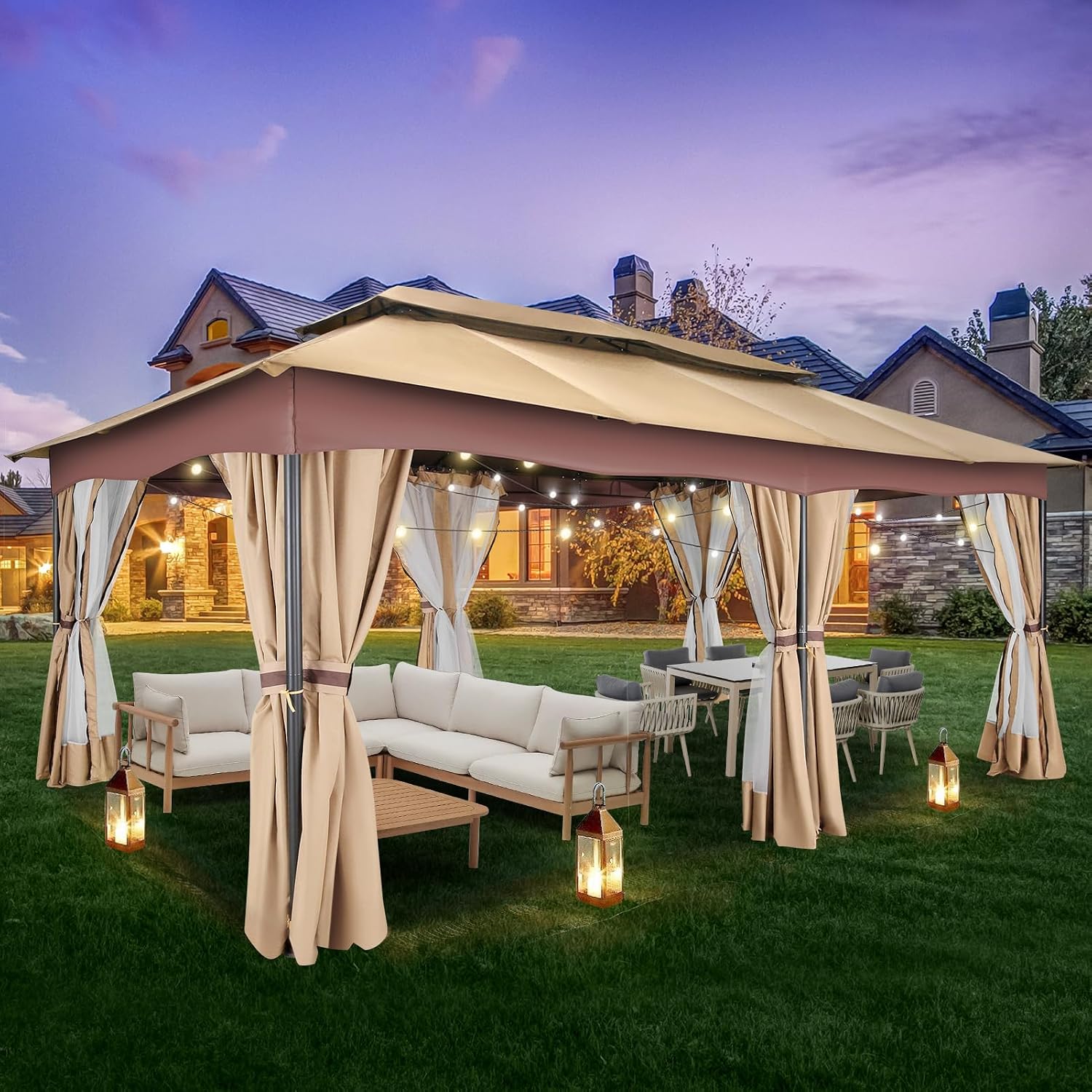 HOTEEL Gazebo 12x20, Outdoor Gazebo on Clearance with Double Ventilated Arc Roof, Privacy Curtains & Mosquito Netting, Easy Set up Canopy Tent with Stable Metal Frame for Patio, Khaki (Windproof)