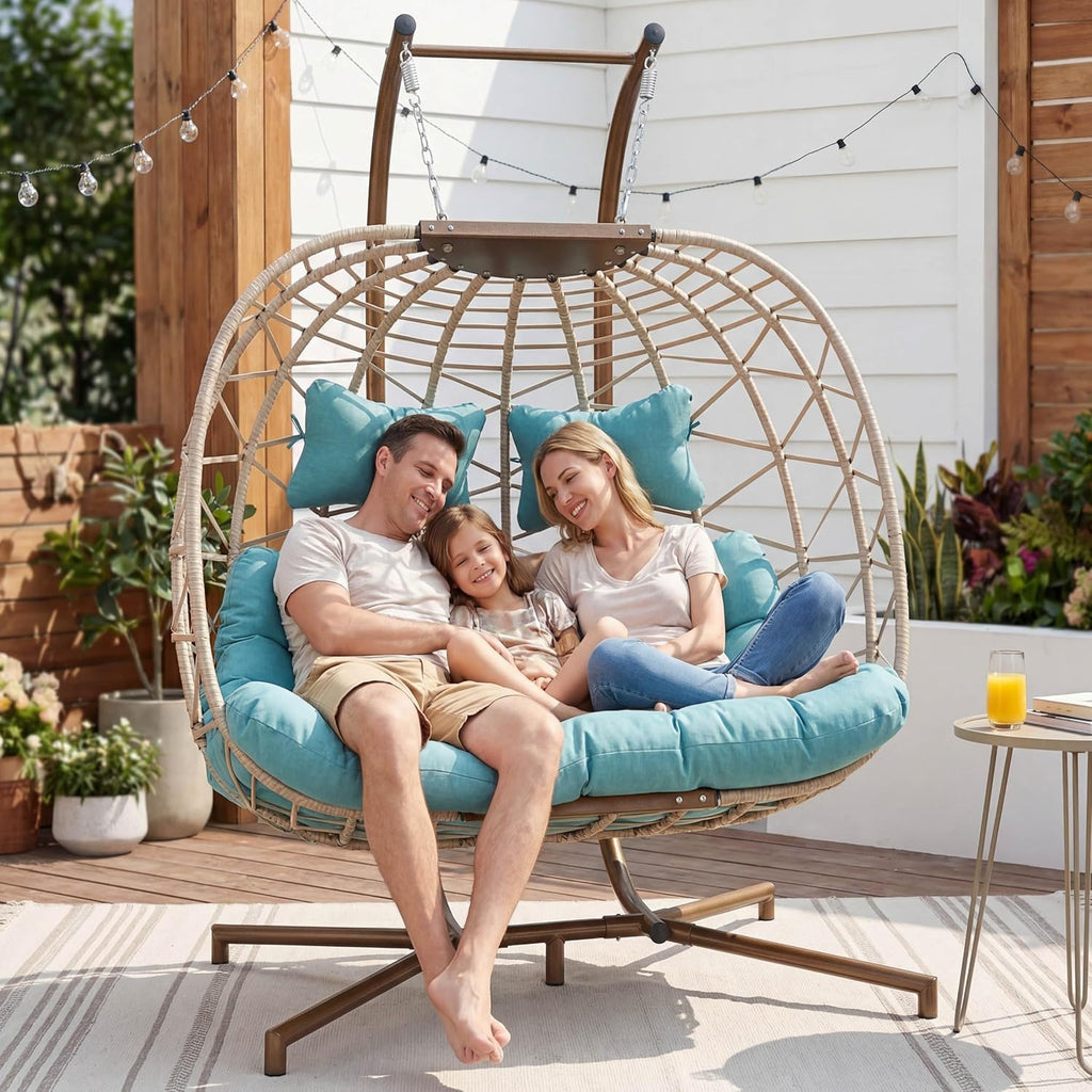 NICESOUL Double Egg Chair Outdoor Indoor, Oversized 2 Person Swing with Stand, All-Weather Wicker Large Hanging Loveseat, Heavy Duty Patio Swinging Seat with Cushion for Balcony, Beige & Teal