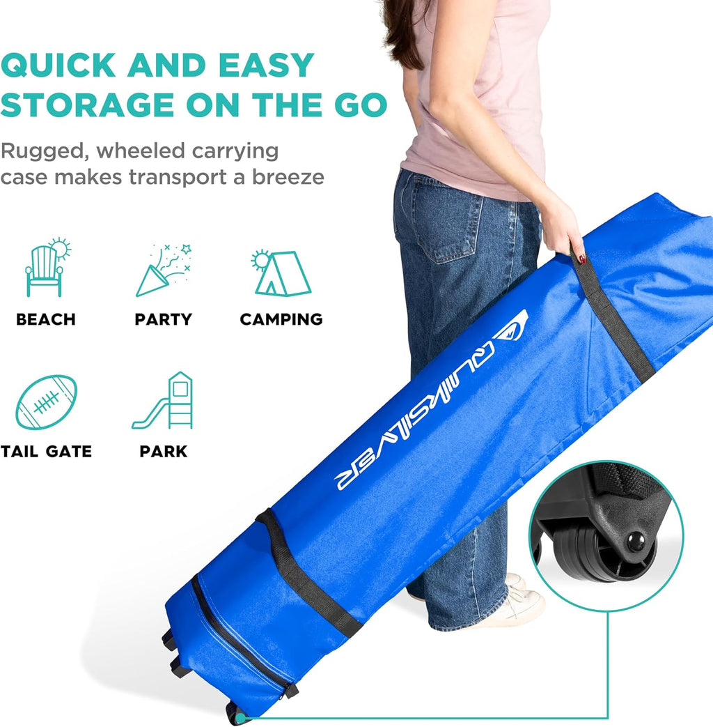 QUIKSILVER Blue 10x10 Pop Up Canopy Shade Tents for Outdoors - Foldable Gazebo Tent, Portable Shade for Yards, Beach, Parties Also Includes a Wheeled Carry Bag