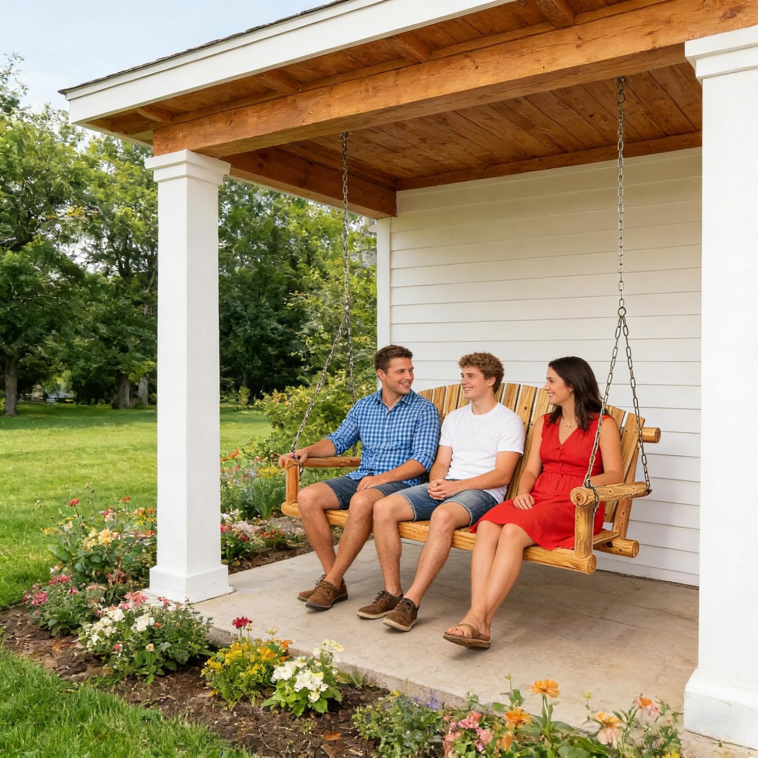 Outdoor Porch Swing Front Porch Hanging Wooden Bench Swing 3 Seat Chair for Garden, Patio, Backyard, Playground, Log Wood 800Lbs, 5 Ft, Lightly Toasted