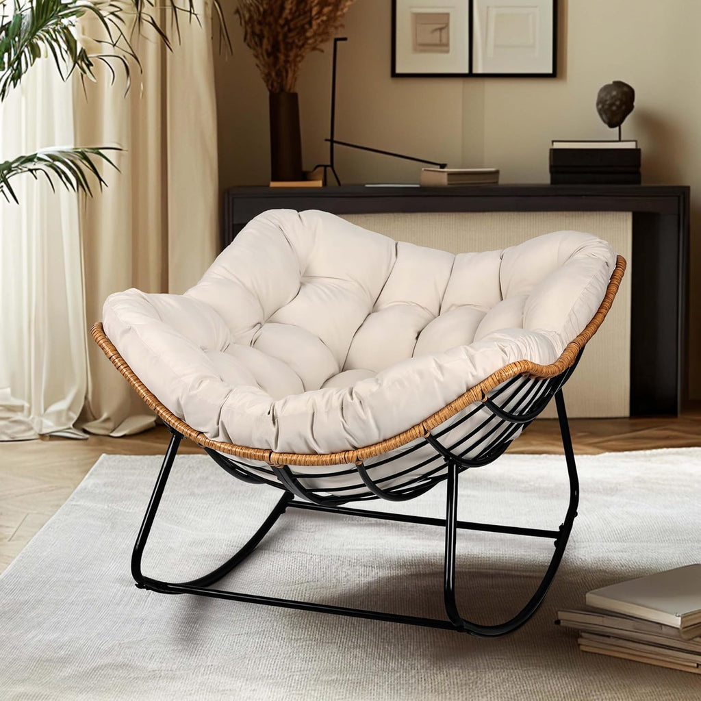 Outdoor Egg Rocking Chair, Indoor Papasan Rocking Chair with Thick Cushion, Modern Lounge Rocker for Balcony, Living Room, Bedroom, Porch, Lawn, Garden (Ivory)