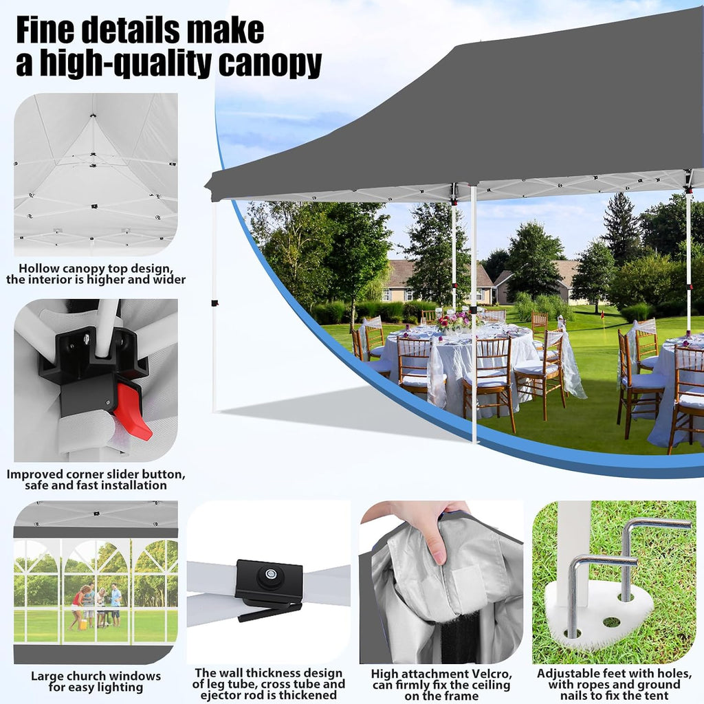 COBIZI Canopy 10x20 Pop Up Canopy Tent with 4 Sidewalls, Waterproof Commercial Canopy Ez Outdoor Instant Gazebo UV Protection 50+ Event Shelter, Party Tent for Parties Garden Camping, Grey