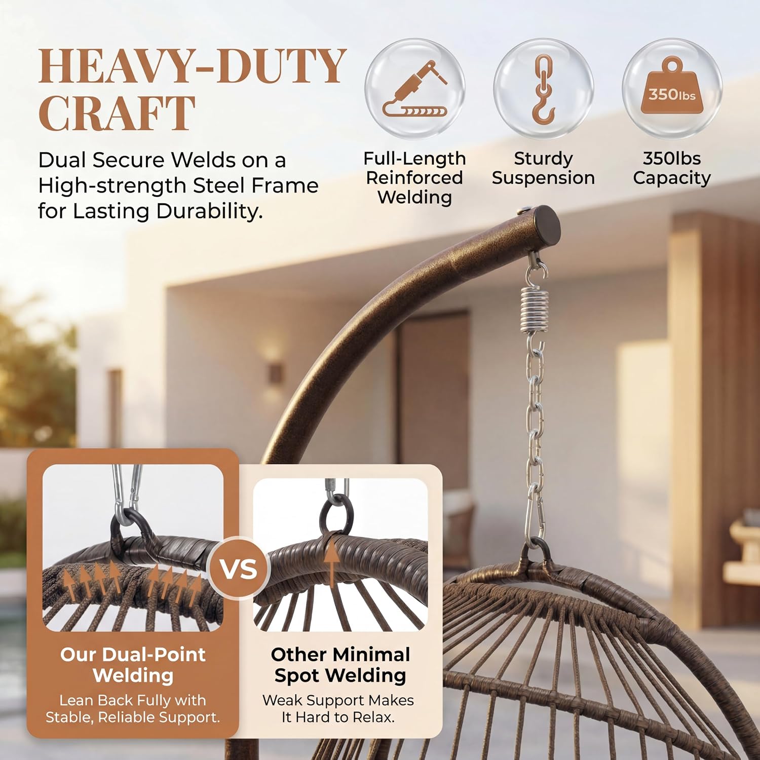 RADIATA Indoor Outdoor Hanging Egg Chair with Stand and Cover, 350Lbs Foldable Rattan Swing Hammock with Padded Cushion, Free-Standing Single Eggshell Basket Seat for Patio Balcony Bedroom, Brown