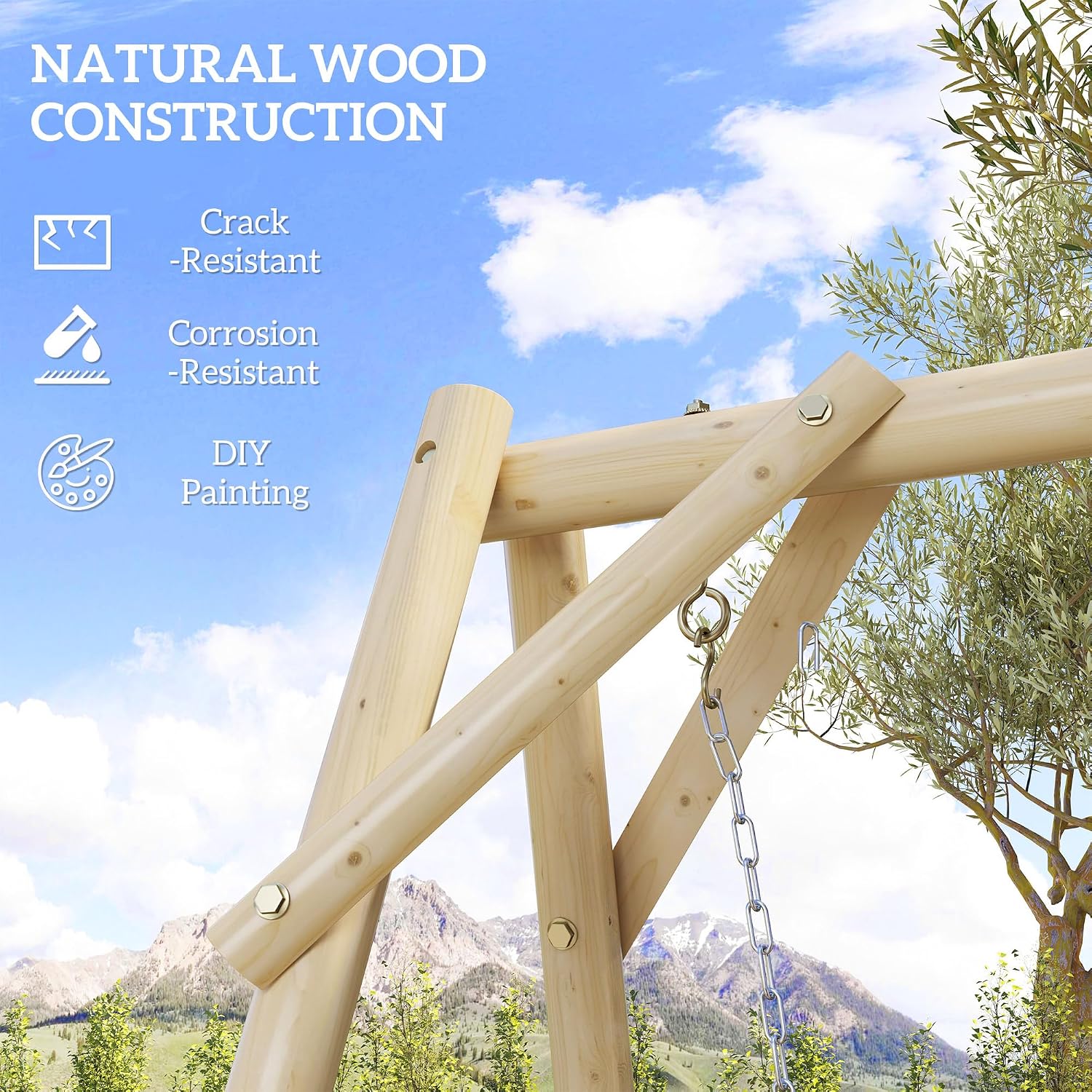 Outsunny 660 lbs Porch Swing Frame, Heavy Duty A-Frame Wooden Swing Stand for DIY Painting, Freestanding Hanging Chair Stand Only for Porch, Lawn, Garden, Backyard, Natural Wood