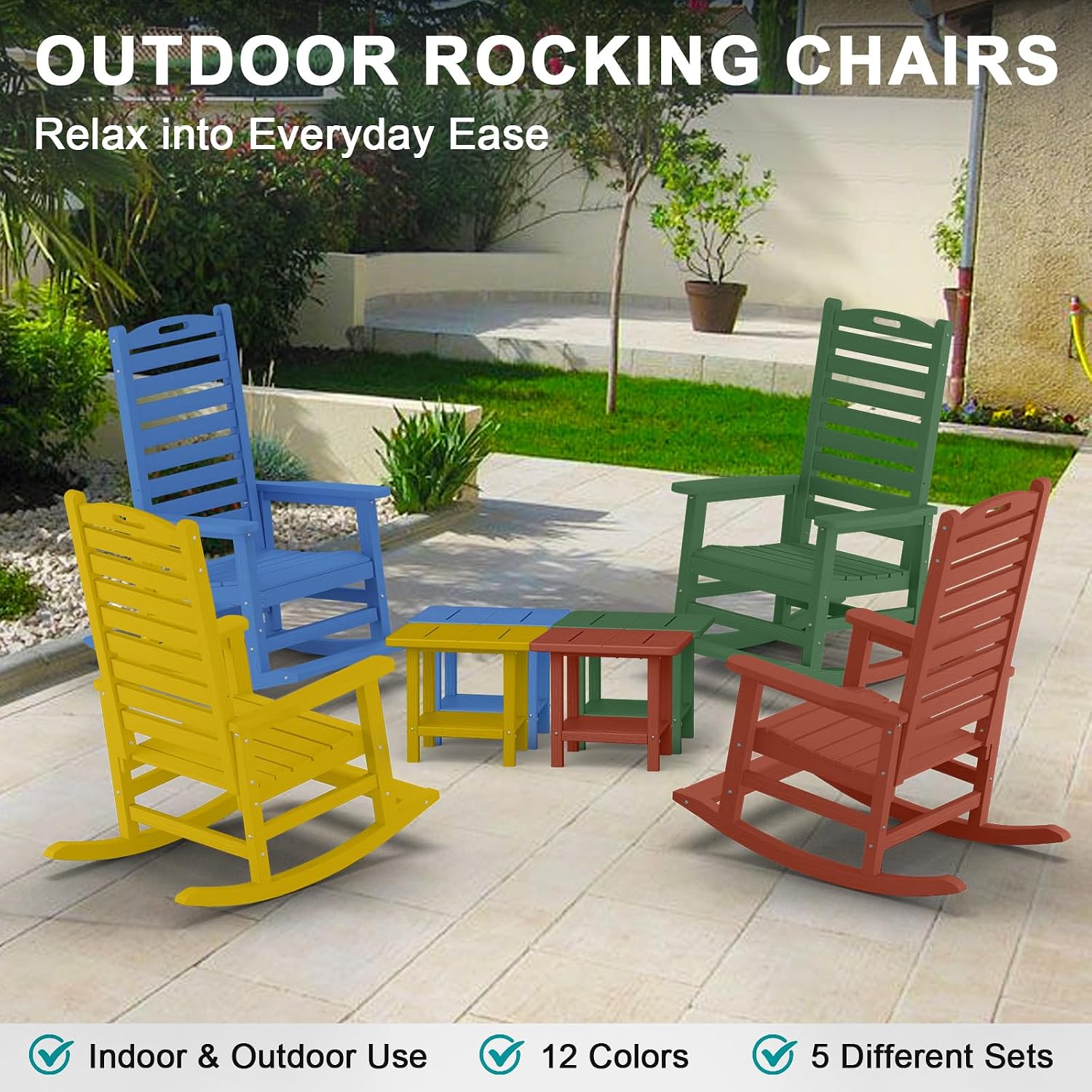 PLUUV Outdoor Rocking Chair Set of 2 with Removable Footboard for Adults, HDPE High Back Patio Rocking Chairs, 330lbs All Weather Porch Rocking Chairs for Outdoor & Indoor -White