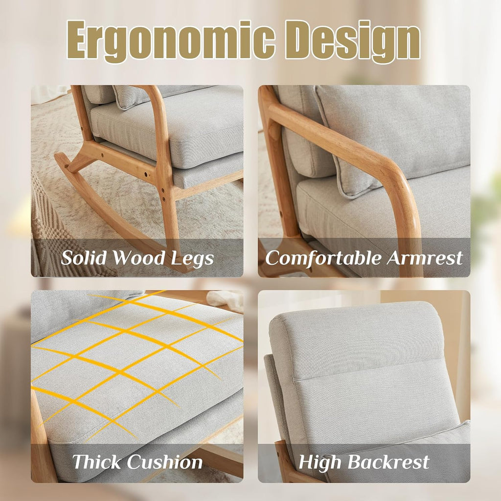 Karl home Nursery Rocking Chair Removable Glider Rocker High Backrest Rocking Armchair Mid-Century Accent Chair with Lumber Pillow for Bedroom, Living Room, Nursery, Light Gray
