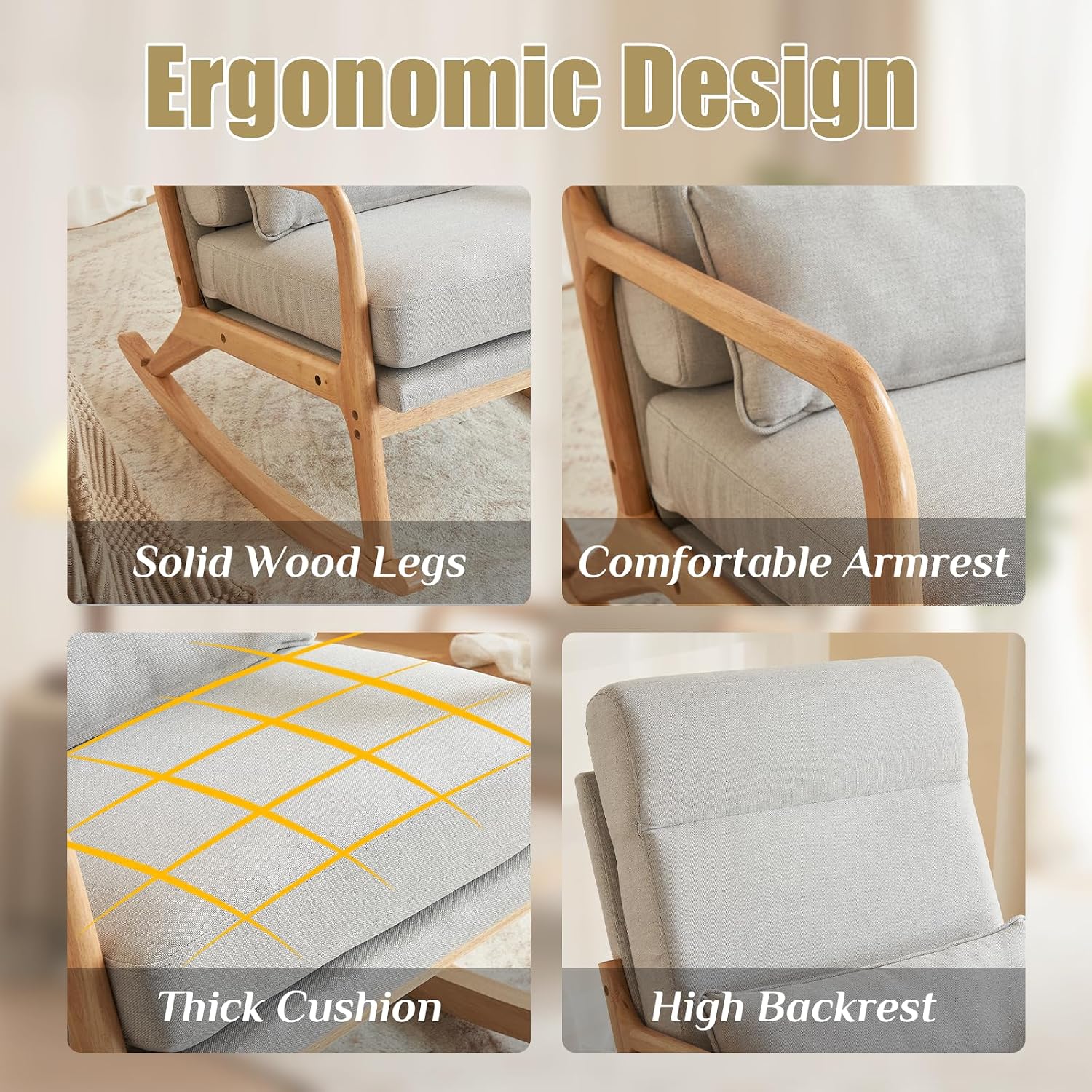 Karl home Nursery Rocking Chair Removable Glider Rocker High Backrest Rocking Armchair Mid-Century Accent Chair with Lumber Pillow for Bedroom, Living Room, Nursery, Light Gray